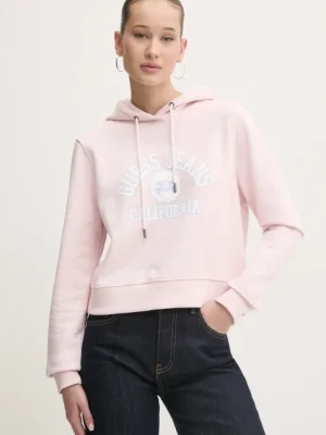 Guess Jeans bluza bawełniana damska kolor różowy z kapturem z nadrukiem W5RQ29 K68I4