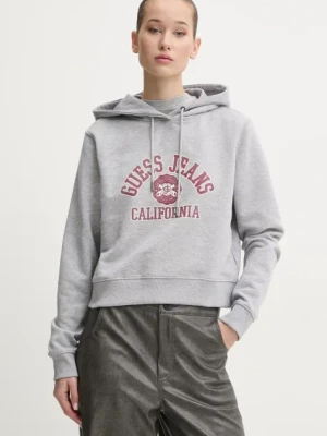 Guess Jeans bluza bawełniana damska kolor szary z kapturem z nadrukiem W5RQ29 K68I4