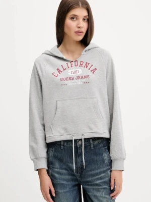 Guess Jeans bluza bawełniana damska kolor szary z kapturem z nadrukiem W5YQ14 KCPR1