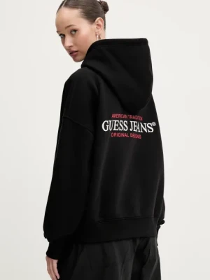 Guess Jeans bluza damska kolor czarny z kapturem z nadrukiem W4BQ21 KC811