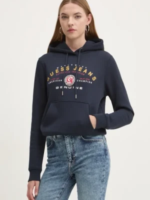 Zdjęcie produktu Guess Jeans bluza damska kolor granatowy z kapturem z nadrukiem W4BQ20 KC811