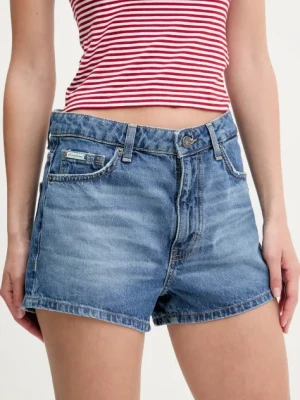 Guess Jeans szorty jeansowe damskie kolor niebieski gładkie high waist W5GD0Y D5O11