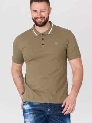 GUESS Khaki męska koszulka polo z paskiem na kołnierzyku, Rozmiar M