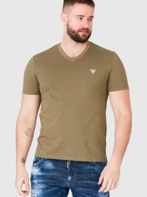 GUESS Khaki t-shirt męski w serek, Rozmiar S