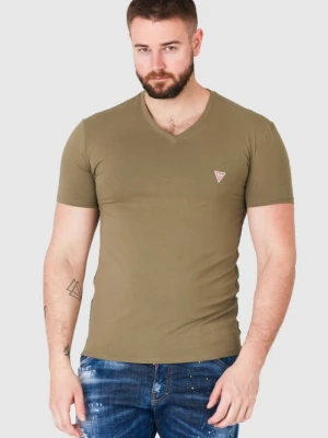GUESS Khaki t-shirt męski w serek z elastanem, Rozmiar M