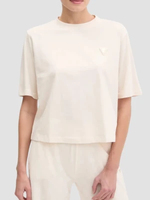 GUESS Kremowy bawełniany t-shirt damski Colette Boxy, Rozmiar M Beżowy