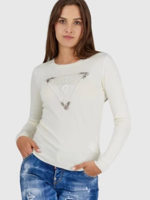 GUESS Kremowy sweterek damski z wyszywanym logo