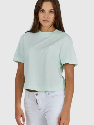 GUESS Krótki miętowy t-shirt damski z logo na plecach