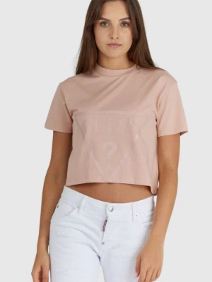 GUESS Krótki różowy t-shirt damski z logo, Rozmiar M