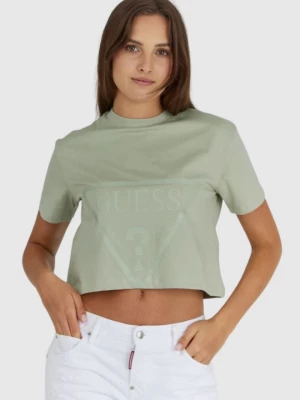 GUESS Krótki zielony t-shirt damski z logo