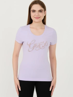 GUESS Lawendowy damski t-shirt Script, Rozmiar S