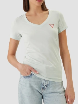 GUESS Miętowy damski t-shirt na krótki rękaw V-Neck Mini Triangle, Rozmiar S Niebieski