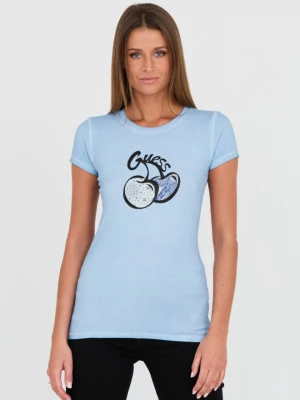 GUESS Niebieski damski t-shirt bawełniany z printem i cyrkoniami, Rozmiar XS