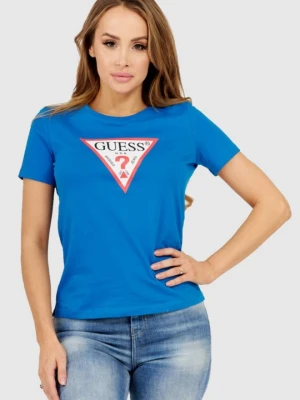 GUESS Niebieski t-shirt damski z dużym trójkątnym logo, Rozmiar S