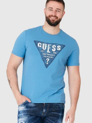 GUESS Niebieski t-shirt męski z dużym logo, Rozmiar S