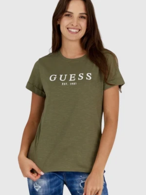 GUESS Oliwkowy t-shirt damski z białym logo