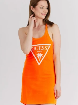 GUESS Pomarańczowa neonowa sukienka damska z trójkątnym logo na ramiączka, Rozmiar XS