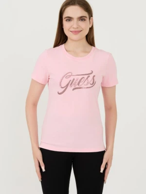 GUESS Różowy damski t-shirt bawełniany Stones&embro Tee, Rozmiar S