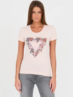 GUESS Różowy damski t-shirt bawełniany z logo, Rozmiar M