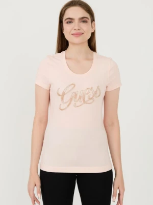 GUESS Różowy damski t-shirt Script, Rozmiar L