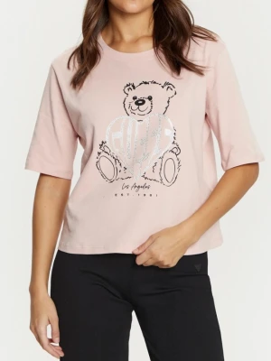 GUESS Różowy t-shirt damski Bear Boxy, Rozmiar L
