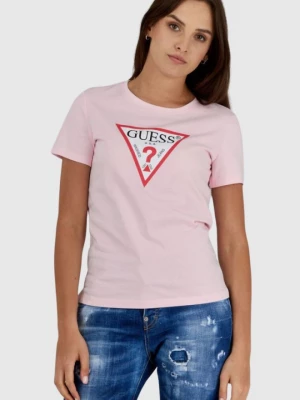 GUESS Różowy t-shirt damski z trójkątnym logo