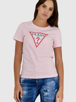 GUESS Różowy t-shirt damski z trójkątnym logo, Rozmiar S