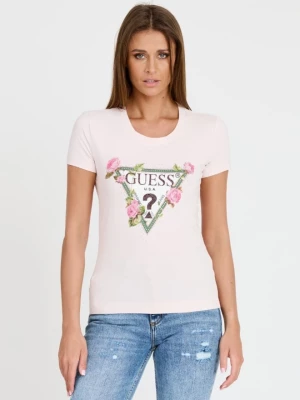 GUESS Różowy t-shirt Floral Triangle Tee