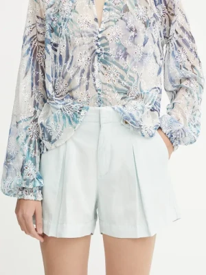 Guess szorty z domieszką lnu SHAYE damskie kolor turkusowy gładkie high waist W5GD1J WG8N0