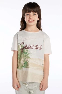 Guess t-shirt bawełniany dziecięcy kolor beżowy