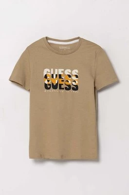 Guess t-shirt bawełniany dziecięcy kolor beżowy z nadrukiem