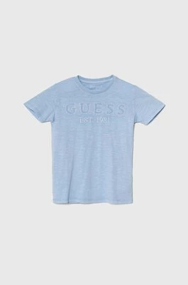 Guess t-shirt bawełniany dziecięcy kolor niebieski z aplikacją