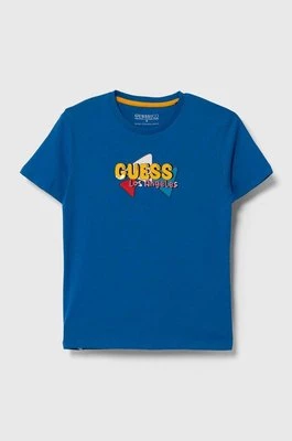 Guess t-shirt bawełniany dziecięcy kolor niebieski z nadrukiem L4YI10 K8HM4