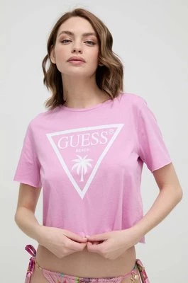 Guess t-shirt bawełniany kolor fioletowy E02I01 JA914