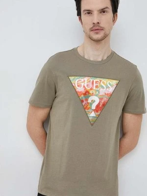 Guess t-shirt bawełniany kolor zielony z aplikacją