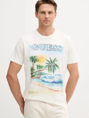 Guess t-shirt bawełniany męski kolor beżowy wzorzysty M5YI38 KBW41