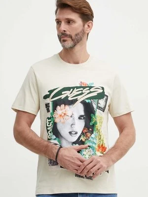 Guess t-shirt bawełniany męski kolor beżowy z aplikacją M4GI49 KBW41