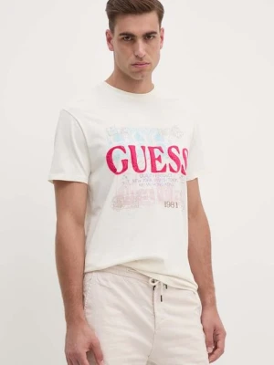 Guess t-shirt bawełniany męski kolor beżowy z nadrukiem M4YI79 K9RM1