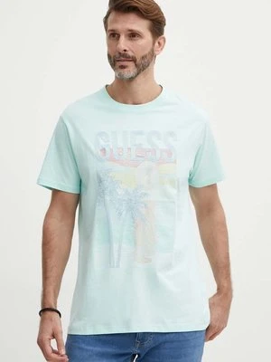 Guess t-shirt bawełniany męski kolor turkusowy z aplikacją M4GI15 I3Z14