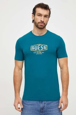 Guess t-shirt bawełniany męski kolor turkusowy z nadrukiem M4RI33 J1314