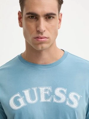 Guess t-shirt bawełniany męski kolor turkusowy z nadrukiem M4BI04.K9RM1