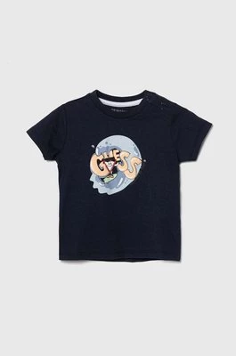 Guess t-shirt bawełniany niemowlęcy kolor granatowy z nadrukiem