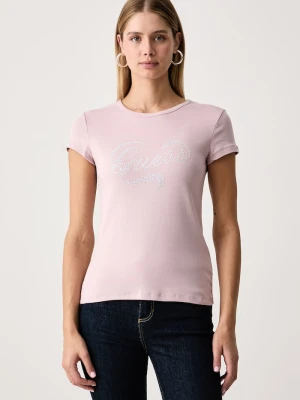 Guess T-shirt damski bawełniany z elastanem AMALIA różowy