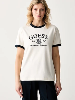 Guess T-shirt damski bawełniany z elastanem HOSHI beżowy
