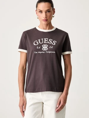 Guess T-shirt damski bawełniany z elastanem HOSHI brązowy