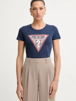 Guess T-shirt damski bawełniany z elastanem PAISLEY granatowy
