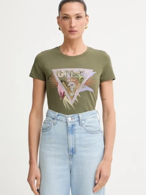 Guess T-shirt damski bawełniany z elastanem PALM zielony