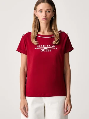 Guess T-shirt damski bawełniany z elastanem X NORTH SAILS czerwony