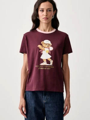 Guess T-shirt damski z bawełną bordowy