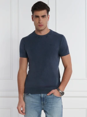 GUESS T-shirt | Regular Fit | z dodatkiem jedwabiu granatowy